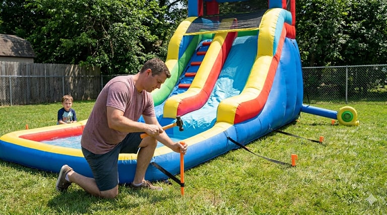 parent anchoring an inflatable water slide with a splash pool in a backyard