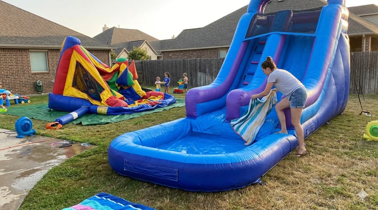 parent drying a water slide with a towel while a bounce house deflates nearby