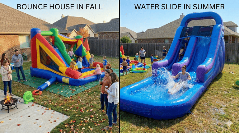water slide in summer vs bounce house in fall