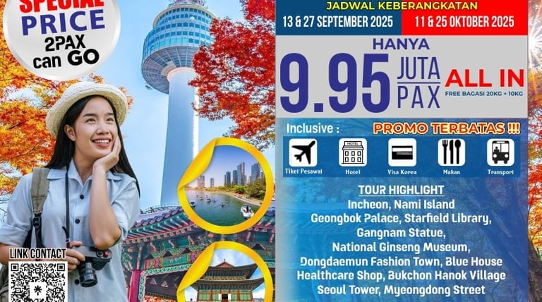 Paket Tour Korea, Namsan Tower, Nami Island, Starsfield Library, Gangnam, Itaewon, Hanbok, Blue Hous