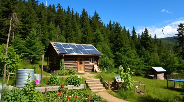 an off-grid homestead with a rustic cabin with solar panels on roof