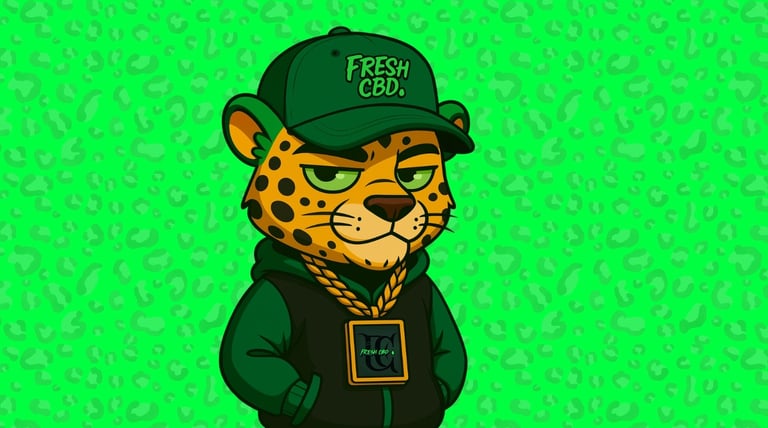 Leopardo mascota Fresh CBD con fondo verde con textura
