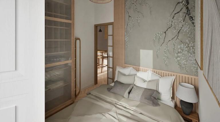 Render 3D dormitorio con mural floral y armario visto con puertas correderas