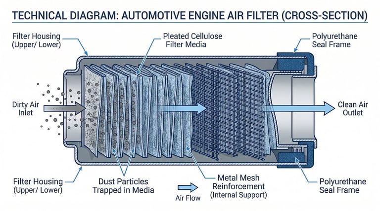 Engine air filter cross-section showing pleated media, polyurethane seal, airflow path, and dust particle filtration