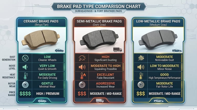 Comparison of ceramic, semi-metallic, and low-metallic brake pads with performance specifications