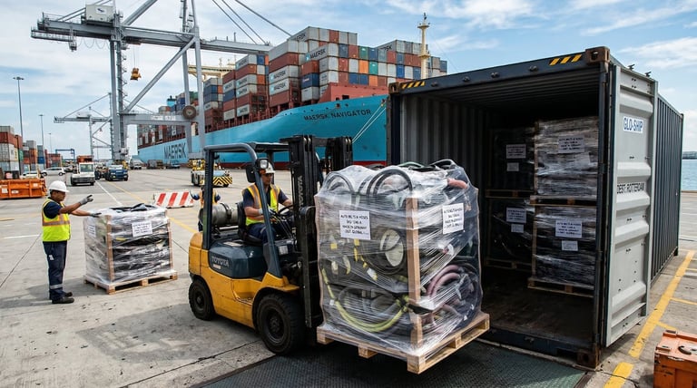 Belt and hose international shipping with container loading and distribution