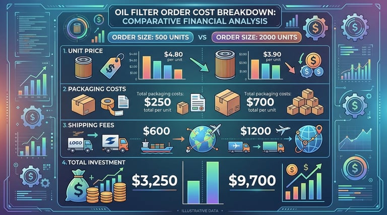 Detailed cost breakdown comparing 500-unit versus 2000-unit oil filter orders showing price differences