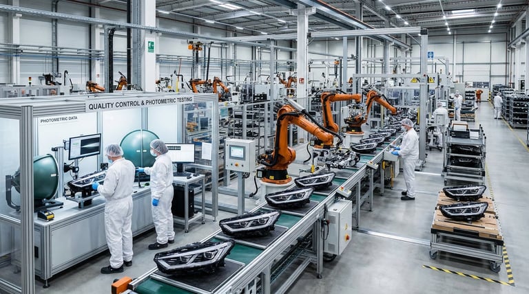 MakexCar automotive lighting manufacturing facility with automated LED assembly lines and quality control