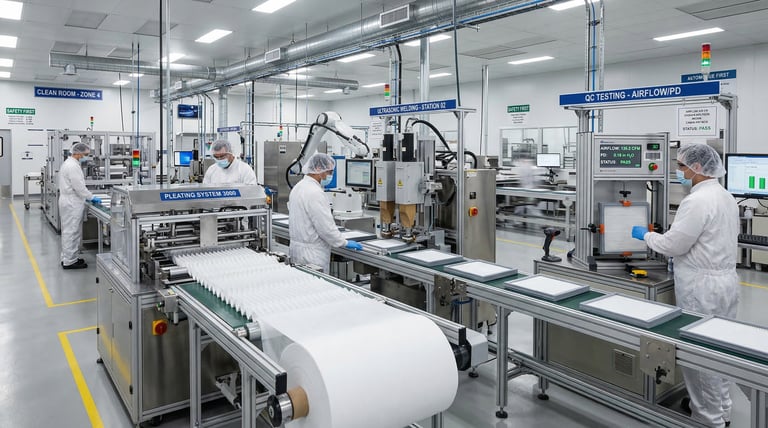 Modern cabin air filter manufacturing facility with automated production equipment