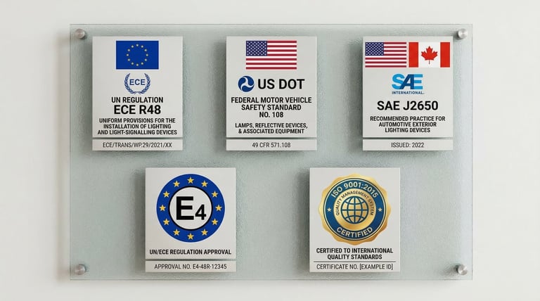 Automotive lighting quality certifications including ECE R48, DOT FMVSS 108, SAE standards, and ISO 9001