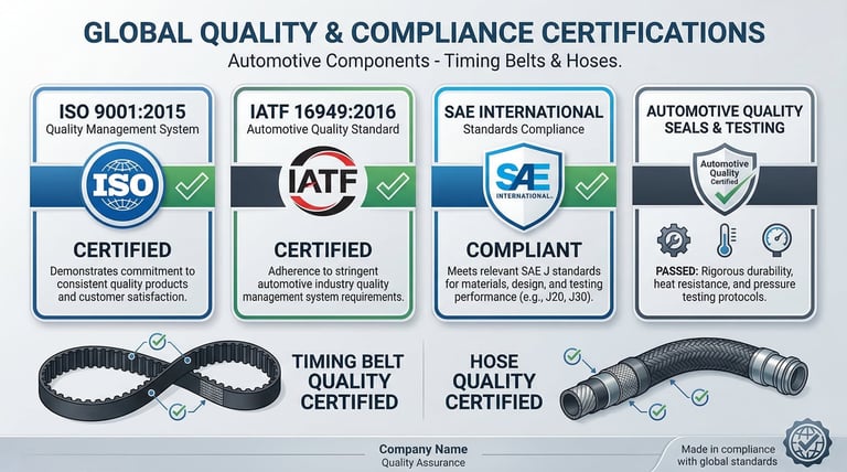 Belt and hose quality certifications: ISO 9001, IATF 16949, SAE standards