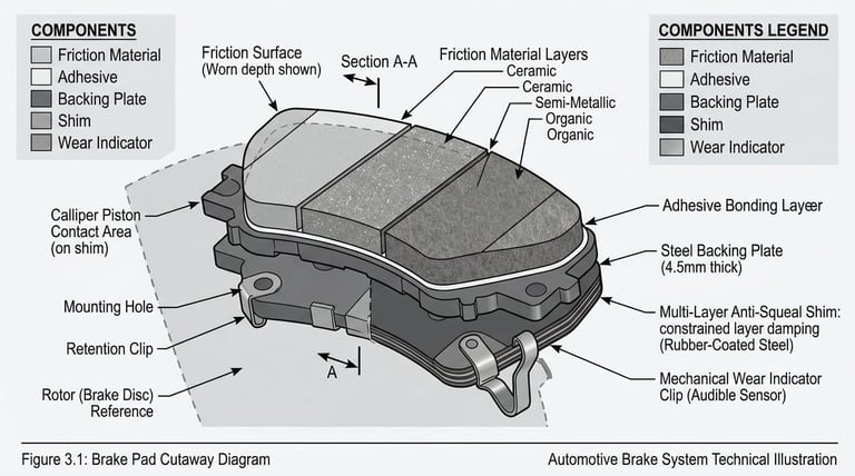 Brake pad cross-section showing friction material layers, backing plate, shim, wear indicator, and adhesive bonding