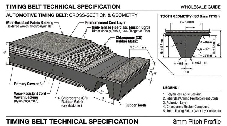 Timing belt cross-section showing teeth, tensile cords, rubber compound and fabric layers