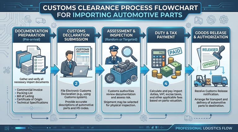 Step-by-step customs clearance process flowchart for importing automotive parts from China