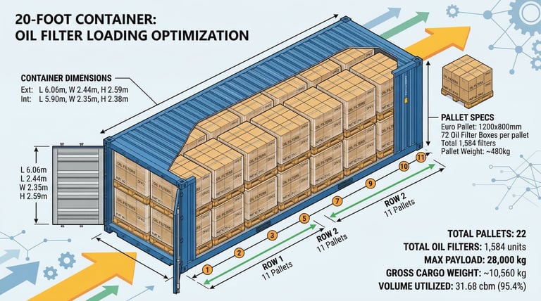 20-foot shipping container loading optimization diagram oil filter pallets logistics supply chain