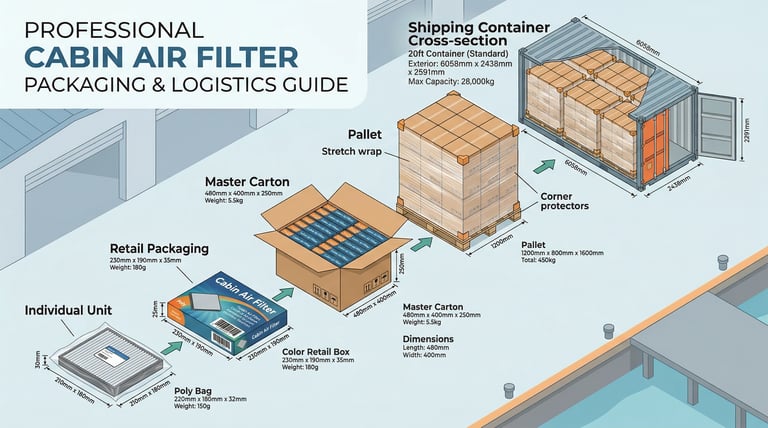 Comprehensive packaging hierarchy from individual filter to container loading