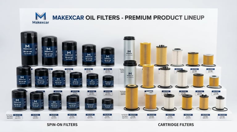 Makexcar brand oil filter product lineup spin-on cartridge filters automotive wholesale distributors