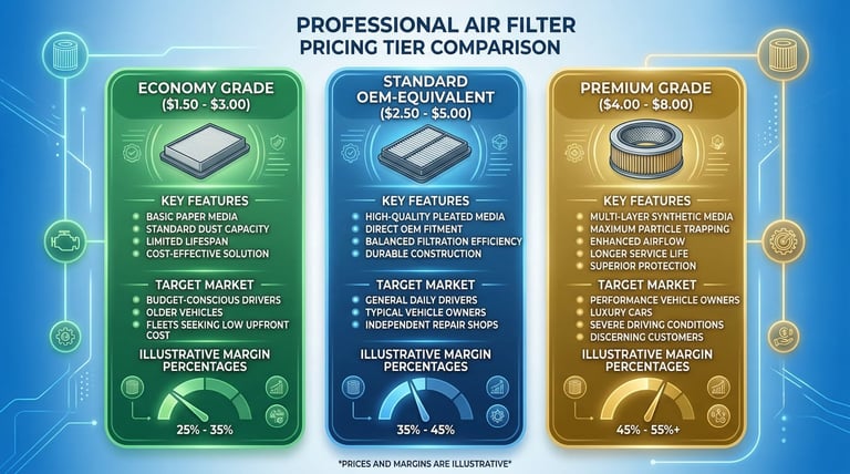Air filter pricing tiers showing economy, standard, and premium grades with features and wholesale prices
