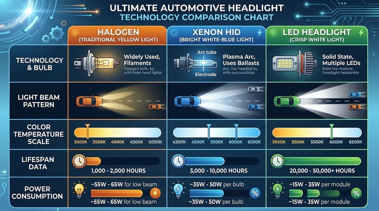 Comparison of halogen, xenon HID, and LED headlight technologies with specifications and performance data