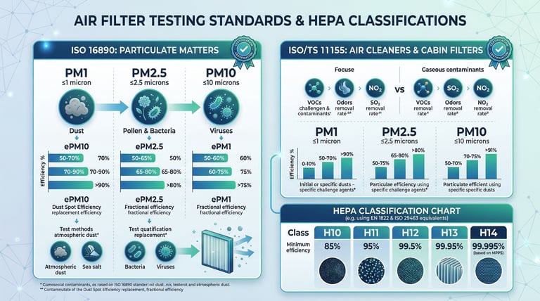 ISO 16890 and ISO/TS 11155 testing standards infographic with PM efficiency ratings