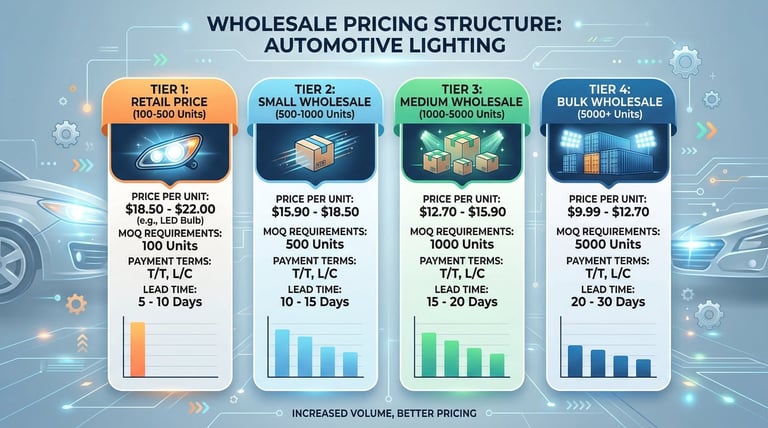 Automotive lighting wholesale pricing structure showing volume tiers, MOQ requirements, and payment terms