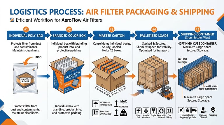 Air filter packaging and shipping logistics showing poly bags, color boxes, master cartons, and container loading