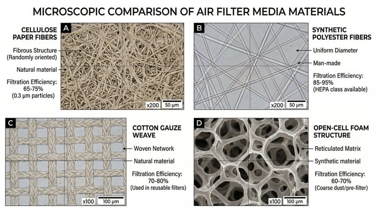 Microscopic view comparing cellulose, synthetic, cotton gauze, and foam air filter media with efficiency ratings