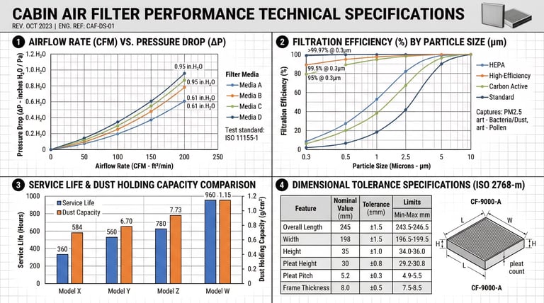 Technical chart showing airflow, pressure drop, and filtration efficiency specifications