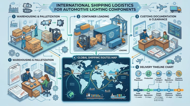 International shipping logistics for automotive lighting showing container loading and global distribution routes