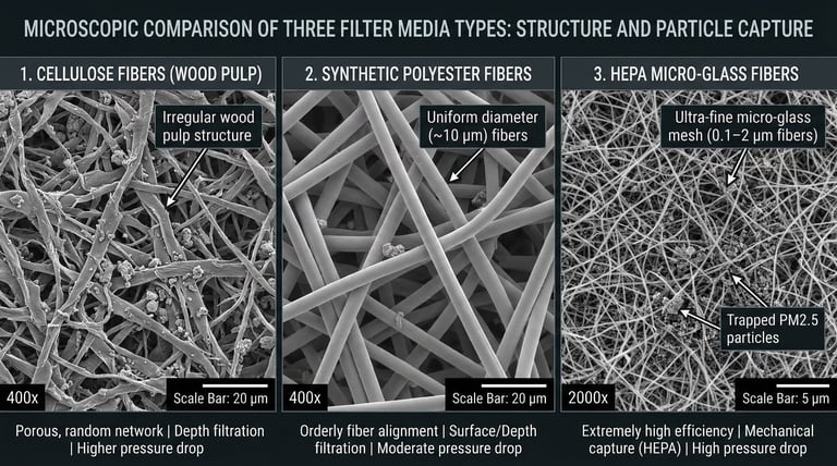 Microscopic view comparing cellulose, synthetic, and HEPA filter media structures