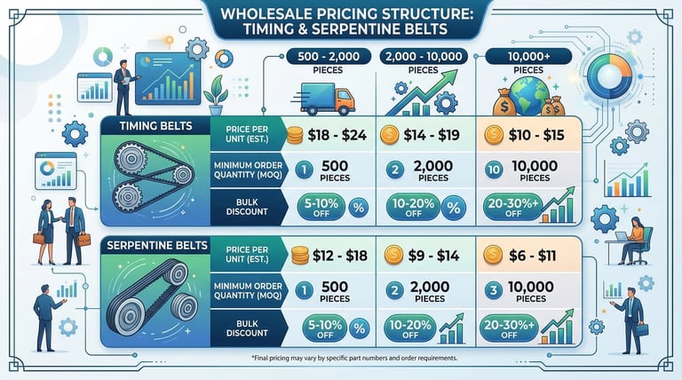 Belt wholesale pricing with volume tiers and MOQ for timing and serpentine belts