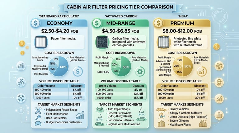 Pricing comparison showing economy, mid-range, and premium cabin filter tiers