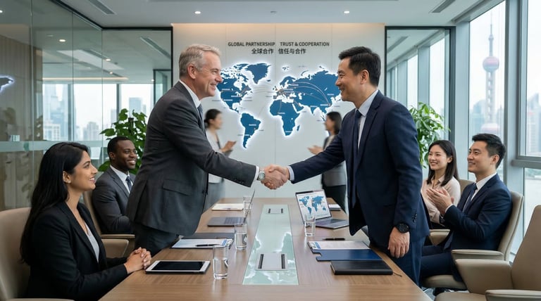 International business partnership handshake Chinese manufacturer distributor global cooperation success