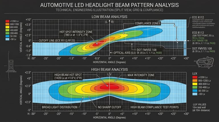 LED headlight beam pattern analysis showing cutoff line, light distribution, and ECE DOT compliance zones
