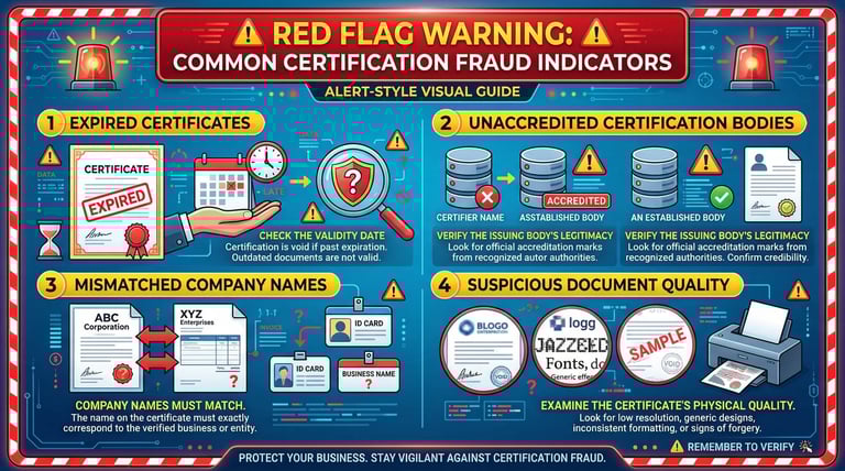 Red flag warning infographic showing common certification fraud indicators and suspicious certificate elements