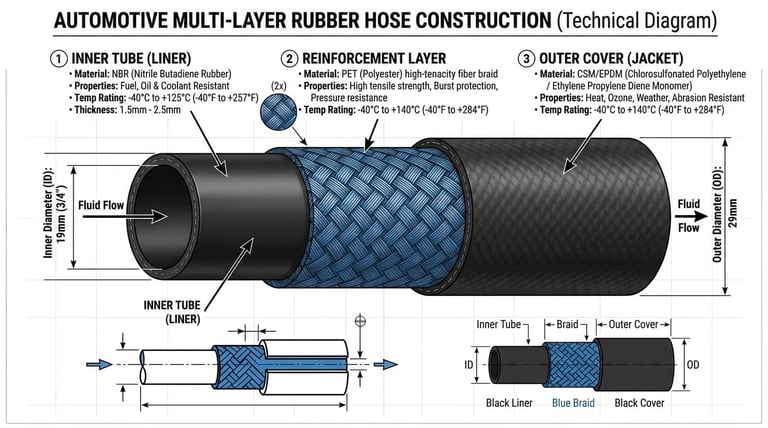 Rubber hose construction with inner tube, reinforcement layer and outer cover