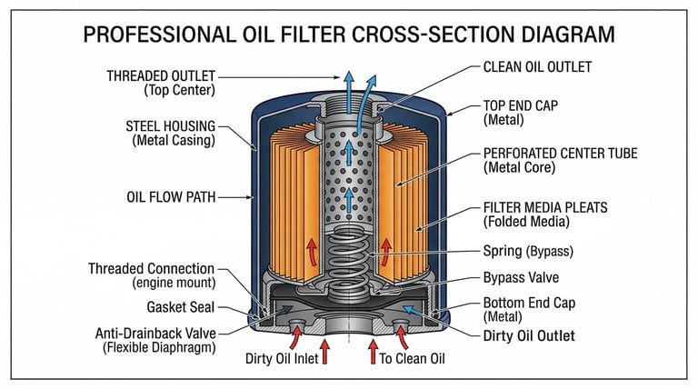 Oil filter internal structure showing filter media bypass valve anti-drainback valve steel housing technical diagram