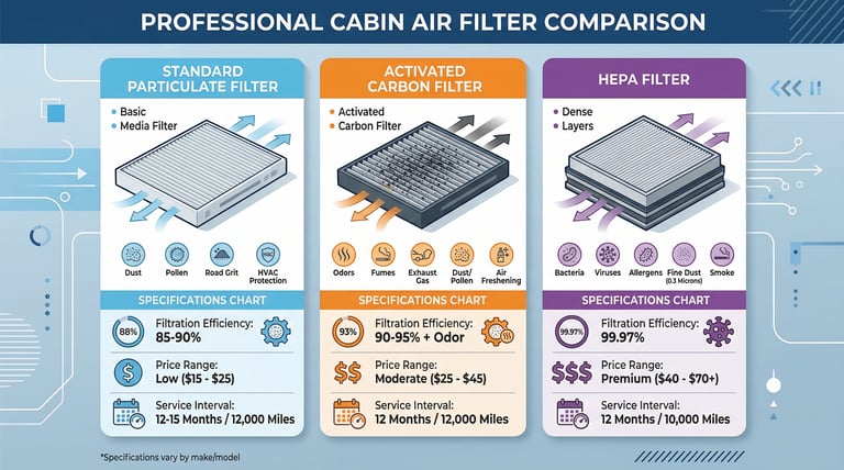 Comparison chart of standard, activated carbon, and HEPA cabin air filters with specifications