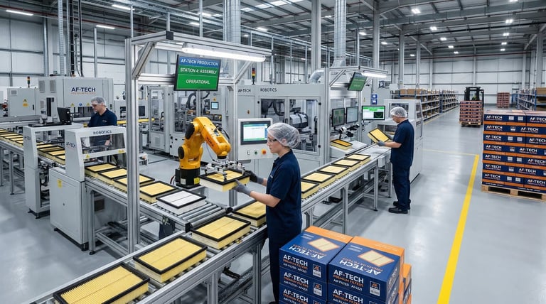 MakexCar automotive air filter manufacturing facility with automated production lines and quality inspection