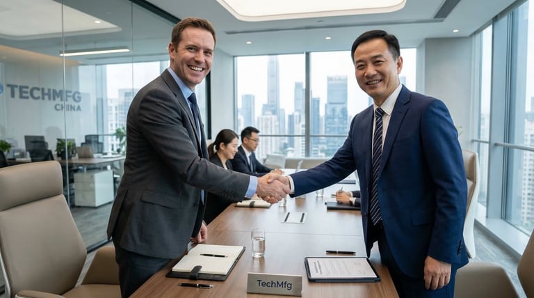 Business handshake between new distributor and Chinese manufacturer representing successful partnership