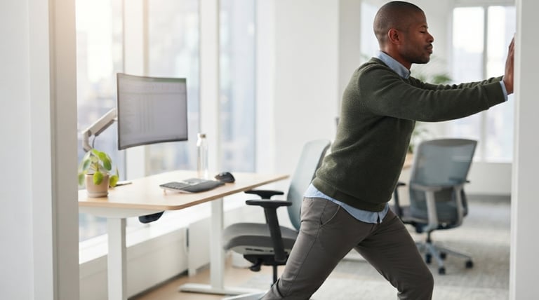 Person performing doorway chest stretch to improve flexibility after desk work.