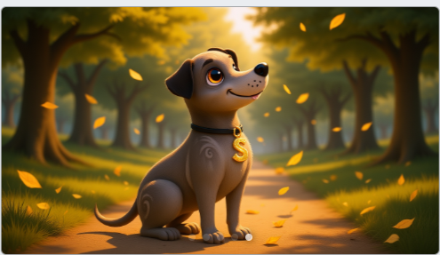 Samson the dog sitting on a forest path — friendly kids activities character. with falling leaves-