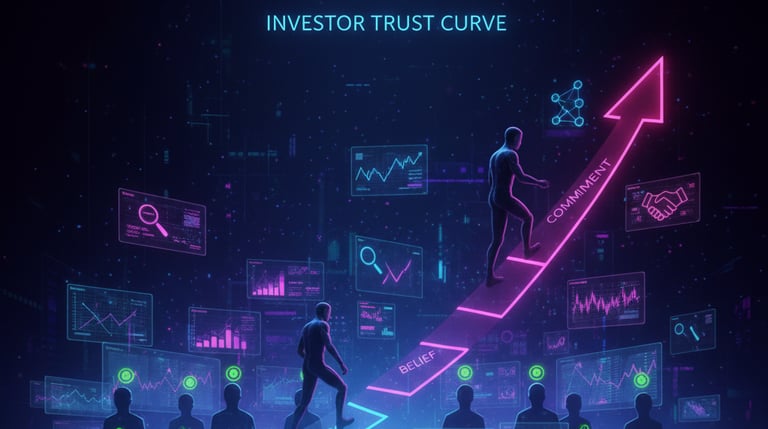 Investor Trust Curve showing the four psychological phases investors move through: skepticism, curio