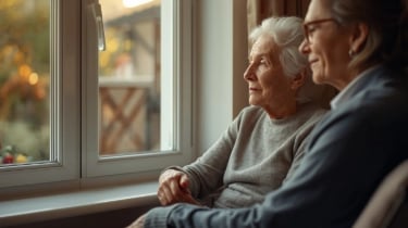 Ältere Frau sitzt am Fenster, hält die Hand eines Angehörigen, ruhige und liebevolle Szene
