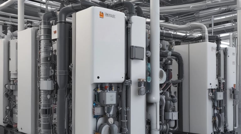 Engineers collaborating over detailed energy system blueprints