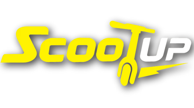 a yellow and black logo with the word scootup