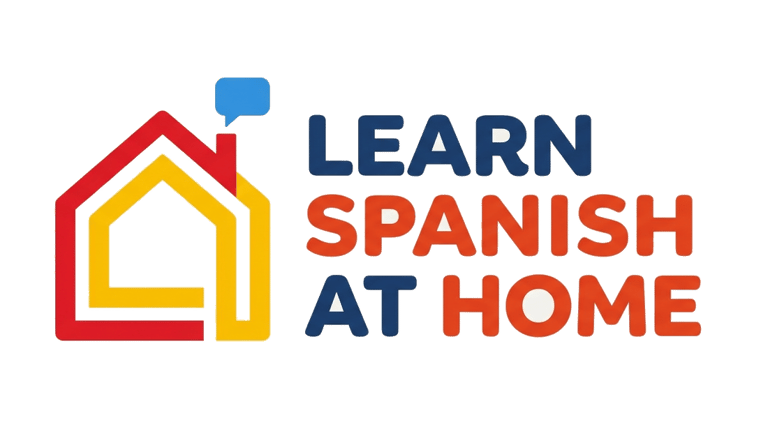 Learn Spanish at Home logo featuring a colorful house icon with a blue speech bubble.