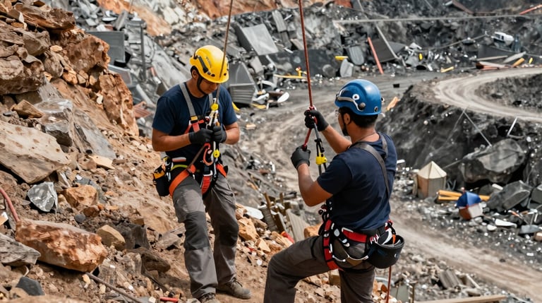 Technician performing maintenance work at height on a mining site with safety harness.
