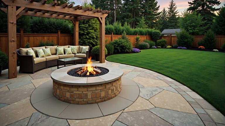a patio with a pergola over a seating area, fire pit in the middle of patio, yard well landscaped