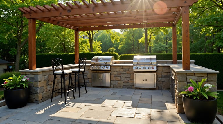 a patio with a grill area and pergola, stools and a grill